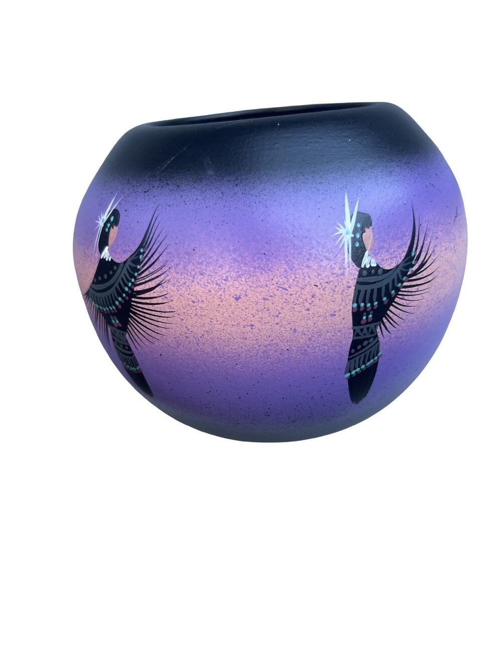 Julia Blackhorse Navajo Pottery Vase Signed Cedar Mesa Hand Painted Bird Purple
